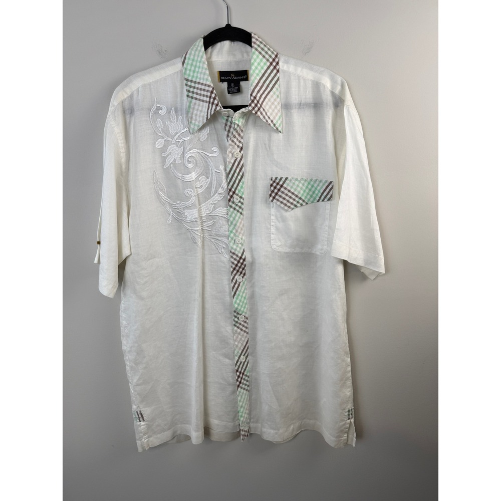 Stacy Adams XL White Embroidered Ramie Button‑Up Shirt Plaid Trim Short Sleeve
